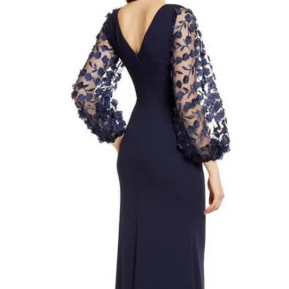 Eliza J Navy Blue Floral Applique Long Sleeve Trumpet Gown - Picture 3 of 6